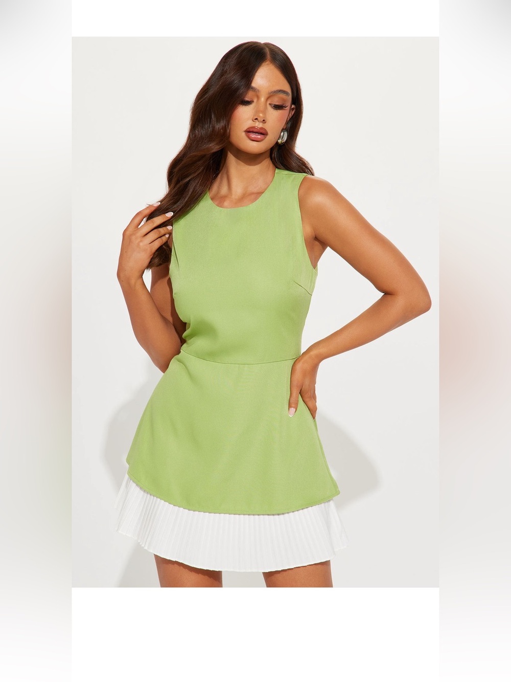Sleeveless Lime Green Peplum Dress with White Pleated Hem